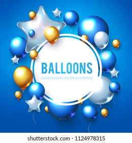 Realistic Glossy Blue, Gold and White Balloons Poster Template. Sale, Win, Promotion Design. Vector illustration