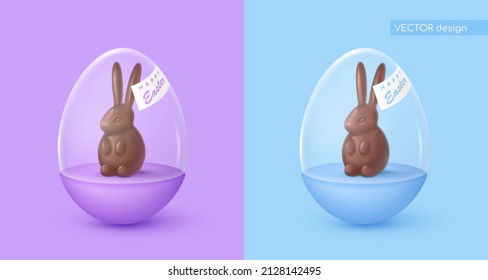 Realistic glossy blue and purple egg with glass dome and chocolate rabbit, bunny, creative box, case. Happy Easter poster. Vector illustration for card, party, design, flyer, banner, web, advertising.