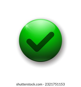 Realistic glossy button with accept icon. 3d green vector element on white background with shadow underneath. Best for mobile apps, UI and web design. EPS 10.