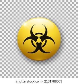 Botón brillante realista con icono de riesgo biológico. 3d elemento vector de color amarillo con sombra por debajo. Mejor para aplicaciones móviles, interfaz de usuario y diseño web. EPS 10.
