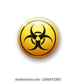 Realistic glossy button with biohazard icon. 3d vector element of yellow color with shadow underneath. Best for mobile apps, UI and web design.