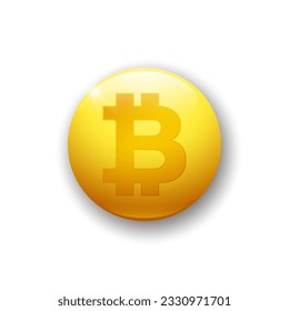 Realistic glossy button with bitcoin icon. 3d vector element of yellow color with shadow underneath. Best for mobile apps, UI and web design.