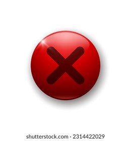 Realistic glossy button with cancel or exit icon. 3d red vector element on white background with shadow underneath. Best for mobile apps, UI and web design. EPS 10.