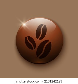 Realistic Glossy Button With Coffee Beans Icon. 3d Vector Element Of Brown Color On Transparent Background. Best For Mobile Apps, UI And Web Design. EPS 10.