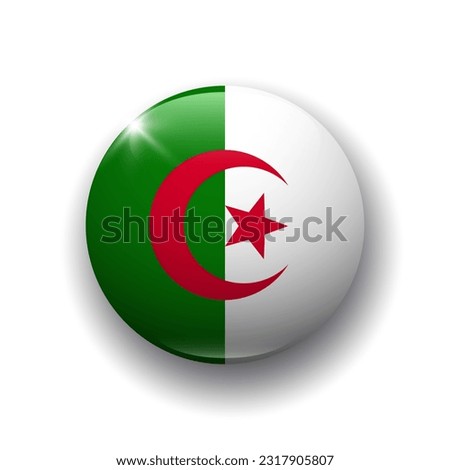 Realistic glossy button with flag of Algeria. 3d vector element with shadow underneath. Best for mobile apps, UI and web design.