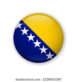 Realistic glossy button with flag of Bosnia and Herzegovina. 3d vector element with shadow. Best for mobile apps, UI and web design.