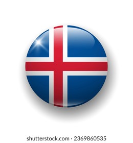 Realistic glossy button with flag of Iceland. 3d vector element with shadow underneath. Best for mobile apps, UI and web design.