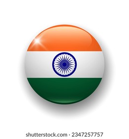 Realistic glossy button with flag of India. 3d vector element with shadow underneath. Best for mobile apps, UI and web design. EPS 10.