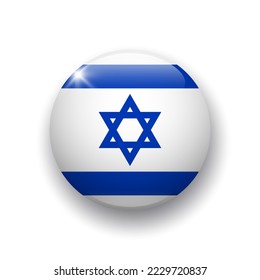 Botón brillante realista con bandera de Israel. 3 d elemento vector con sombra por debajo. Mejor para aplicaciones móviles, interfaz de usuario y diseño web. EPS 10.