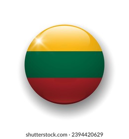 Realistic glossy button with flag of Lithuania. 3d vector round icon.