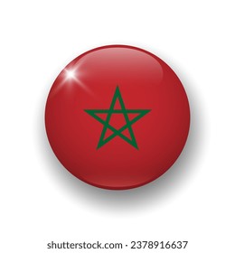 Realistic glossy button with flag of Morocco. 3d vector element with shadow underneath. Best for mobile apps, UI and web design.