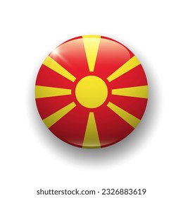 Realistic glossy button with flag of North Macedonia. 3d vector element with shadow underneath. Best for mobile apps, UI and web design. EPS 10.
