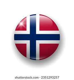 Realistic glossy button with flag of Norway. 3d vector element with shadow underneath. Best for mobile apps, UI and web design.