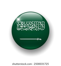 Realistischer Hochglanzknopf mit Flagge von Saudi-Arabien. 3D-Vektorelement mit Schatten. Ideal für mobile Apps, Benutzeroberflächen und Webdesign.