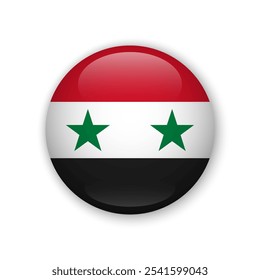 Realistic glossy button with flag of Syria. 3d vector element with shadow. Best for mobile apps, UI and web design.