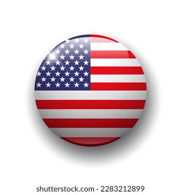 Realistic glossy button with flag of USA. 3d vector element with shadow underneath. Best for mobile apps, UI and web design. EPS 10.