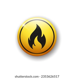 Realistic glossy button with flammable icon. 3d vector element of yellow color with shadow underneath.