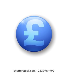 Realistic glossy button with GBP icon. 3d vector element of blue color with shadow underneath. Best for mobile apps, UI and web design. EPS 10.