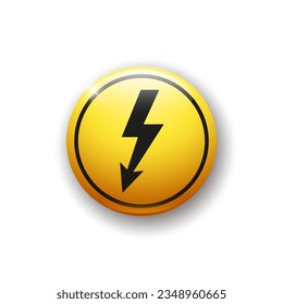Realistic glossy button with high voltage icon. 3d vector element of yellow color with shadow underneath.