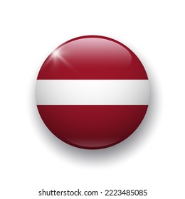 Realistic glossy button with Latvia flag. 3d vector element with shadow underneath. Best for mobile apps, UI and web design. EPS 10.