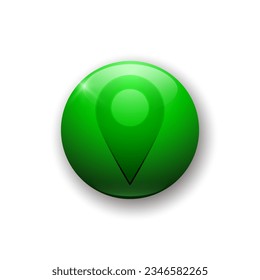 Realistic glossy button with location icon. 3d vector element of green color with shadow underneath. Best for mobile apps, UI and web design. EPS 10.