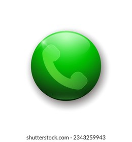 Realistic glossy button with phone icon. 3d vector element of green color with shadow underneath. Best for mobile apps, UI and web design. EPS 10.