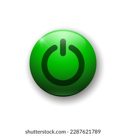 Realistic glossy button with power on icon. 3d vector element of green color with shadow underneath. Best for mobile apps, UI and web design. EPS 10.
