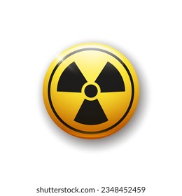 Realistic glossy button with radiation icon. 3d vector element of yellow color with shadow underneath.