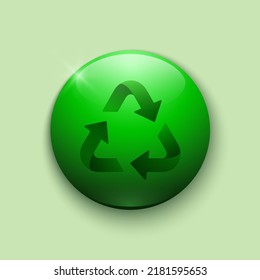 Realistische Glanztaste mit Recyclingsymbol. 3D-Vektorelement von grüner Farbe mit Schatten darunter. Bestens für mobile Apps, UI und Web Design. EPS10.