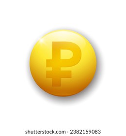 Realistic glossy button with russian ruble icon. 3d vector element of yellow color with shadow underneath.