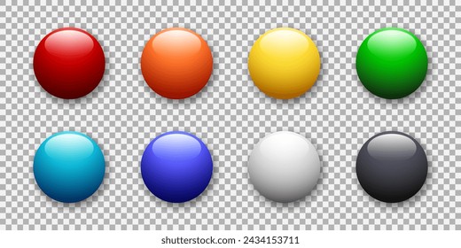Botón brillante realista. Conjunto de elemento de vidrio vectorial 3d de diferentes colores sobre fondo transparente. Ideal para aplicaciones móviles, UI y diseño web.