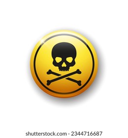 Realistic glossy button with skull and crossed bones icon. 3d vector element of yellow color with shadow underneath. Best for mobile apps, UI and web design. EPS 10.