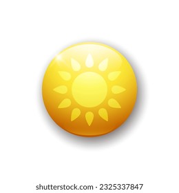 Realistic glossy button with sun icon. 3d vector element of yellow color with shadow underneath. Best for mobile apps, UI and web design.