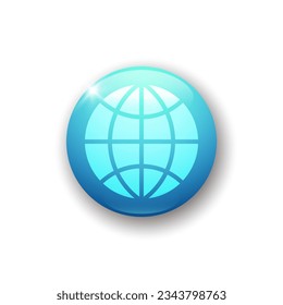 Realistic glossy button with web icon. 3d vector element of blue color with shadow underneath. Best for mobile apps, UI and web design.