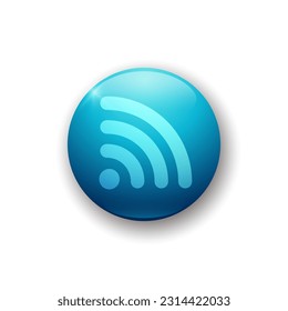 Realistic glossy button with wi-fi icon. 3d vector element of blue color with shadow underneath. Best for mobile apps, UI and web design. EPS 10.