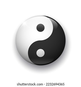 Realistic glossy button with yin yang symbol. 3d vector element with shadow underneath. Best for mobile apps, UI and web design. EPS 10.