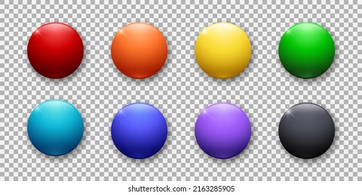 Realistische Glossy-Buttons-Kollektion. Satz von 3D-Vektorelementen in verschiedenen Farben auf transparentem Hintergrund. Bestens für mobile Apps, UI und Web Design. EPS10.
