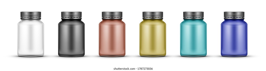 Realistic Glossy Clear Glass Medicine Drugs Bottle Set. EPS10 Vector