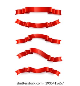 Realistic glossy curved red ribbons set for your design project.
Decorative red ribbons banner isolated on white