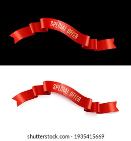 Realistic glossy curved red ribbons set for your design project.  Sale promotion red ribbons banner isolated on black and white backdrop