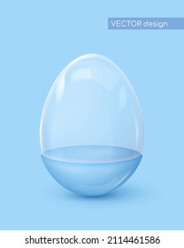 Huevo gloso realista con soporte azul, mitad inferior y cúpula de vidrio, caja creativa, estuche. Afiche feliz de Pascua. Ilustración vectorial para tarjeta, fiesta, diseño, volante, decoración, banner, web, publicidad.