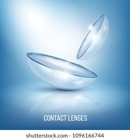 Realistic glossy eye lenses with reflection, composition on blue background with illumination vector illustration