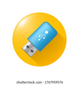Realistic Glossy Flash Drive Colored Icon on Yellow Button on White Background . Isolated Vector Elements