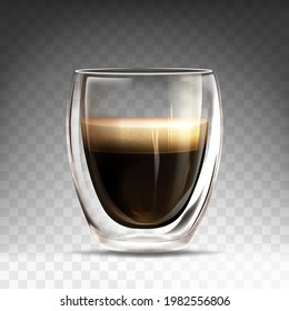 Realistic glossy glass cup with hot espresso. Mug with double wall fulled of aroma americano. Coffee drink realistic on transparent background. Template for branding, advertising or product design.