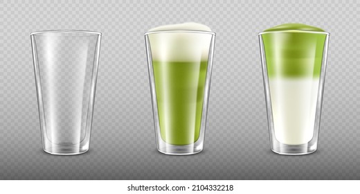 Realistisches Glitzglas mit Doppelwand voller heißer Matcha-Latte. Satz verschiedener Matcha-Latte einzeln auf transparentem Hintergrund