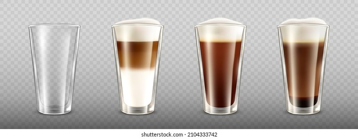 Realistisches Glashaus mit Doppelwand voller heißer Latte Macchiato. Set verschiedener Kaffeegetränke einzeln auf transparentem Hintergrund