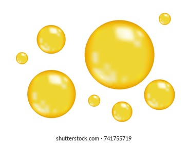 Realistic  glossy gold  bubbles   isolated on white  background. Oil drop. Golden sphere. Vector  texture.