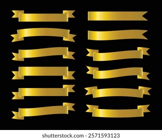 Realistic glossy gold ribbon banners set. Gold ribbons elements set. Premium ribbons collection on Black background. Royal ribbons set for promotion design. Vector graphic. stock illustration