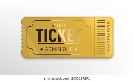 Realistic Glossy Golden Ticket Invite Template Isolated On White. EPS10 Vector