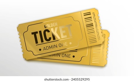 Realistic Glossy Golden Ticket Invite Template Isolated On White. EPS10 Vector